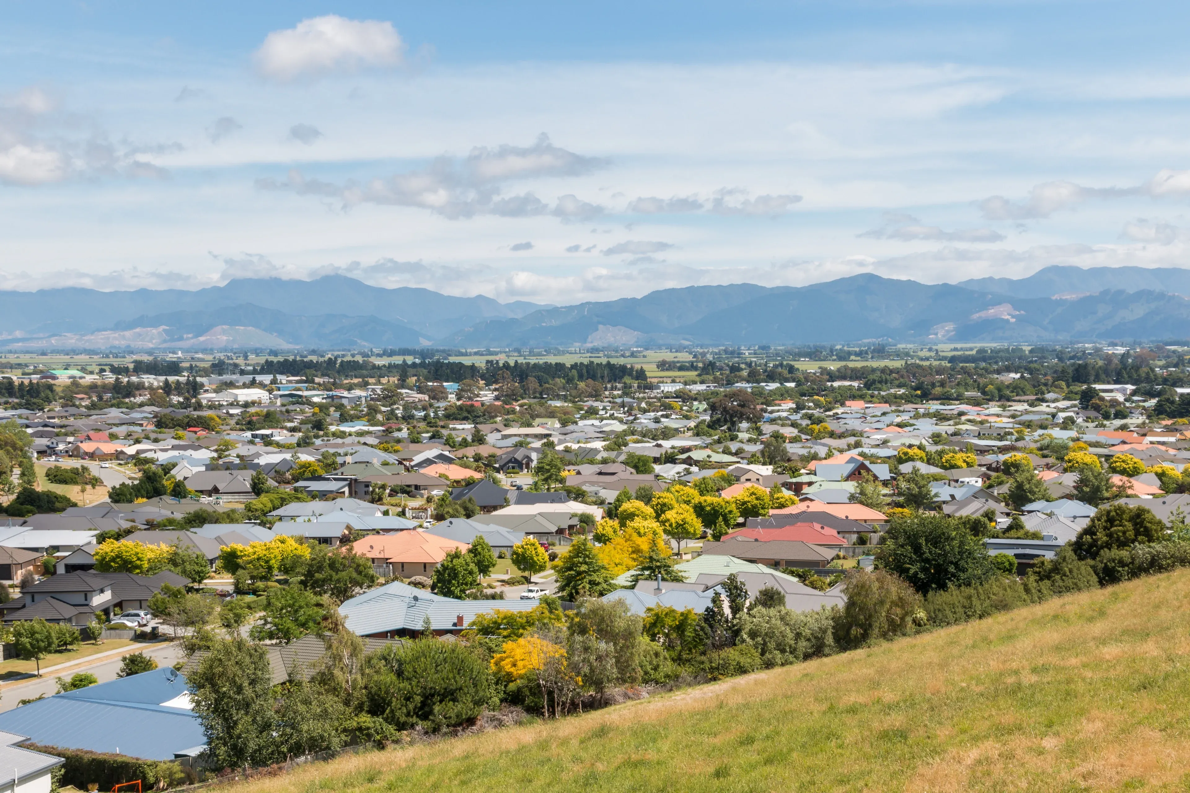 Expansive view of Blenheim with vineyards and mountains, renowned for its Marlborough wine region.