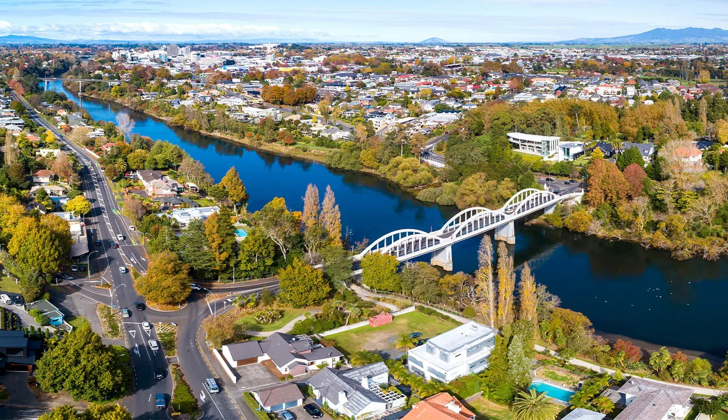 Hamilton city business hub along Waikato River, ideal for retail and service industries.