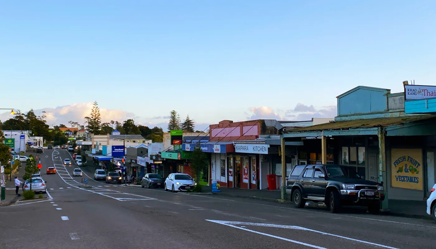 Helensville main street with shops, cafes, and businesses, North Island NZ business directory.