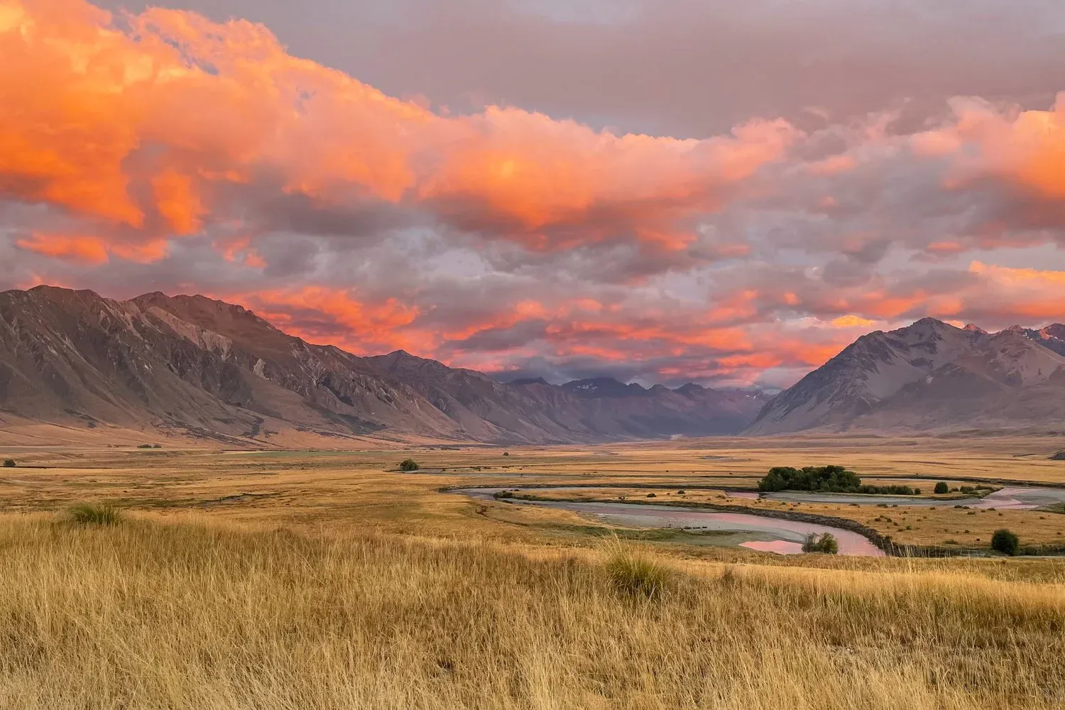 Lindis Valley at sunset with golden plains and rugged mountains in the background, Central Otago.