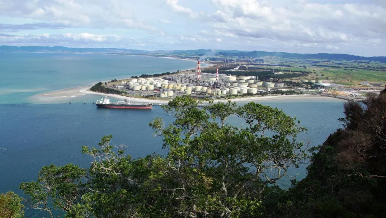 Marsden Point industrial hub with oil refinery and ship at the harbor, Northland, New Zealand.