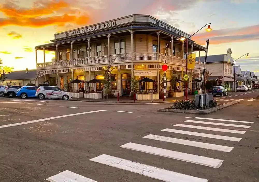 Martinborough Hotel at sunset, a central hub for vineyards, dining, and tourism in Wairarapa.