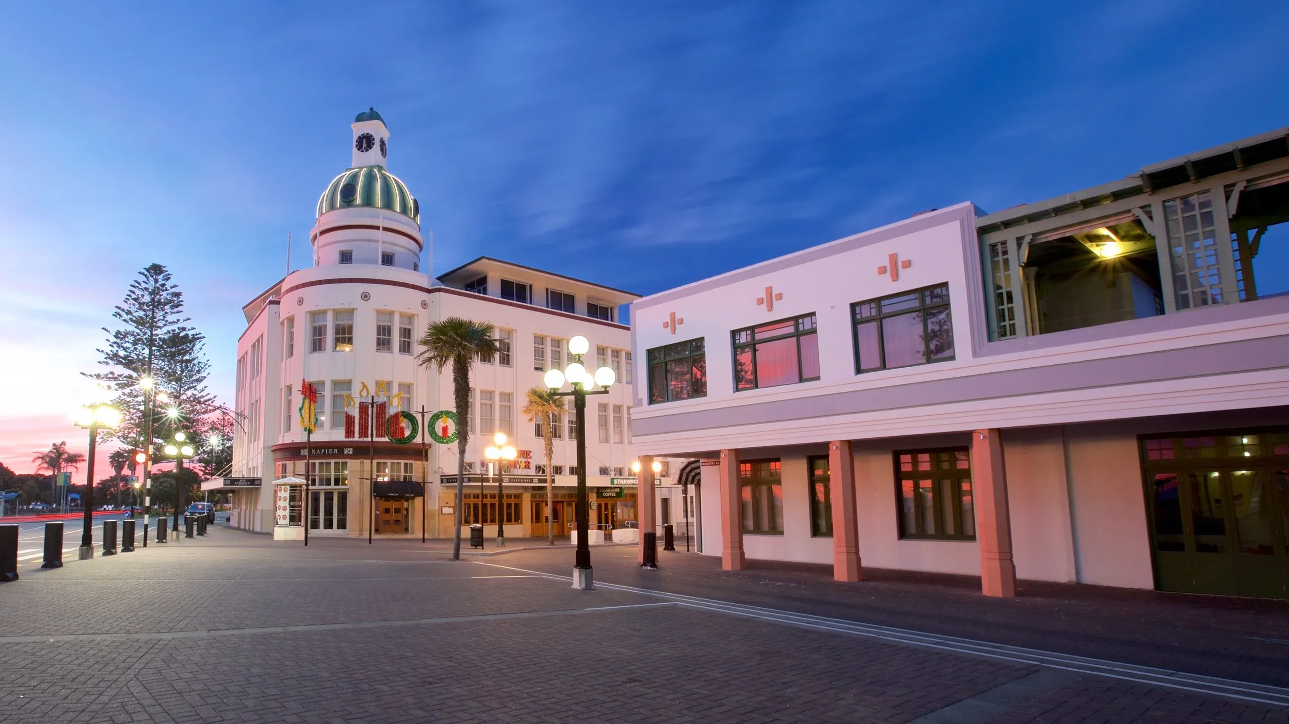 Art Deco architecture of Marine Parade during twilight, Napier, New Zealand.