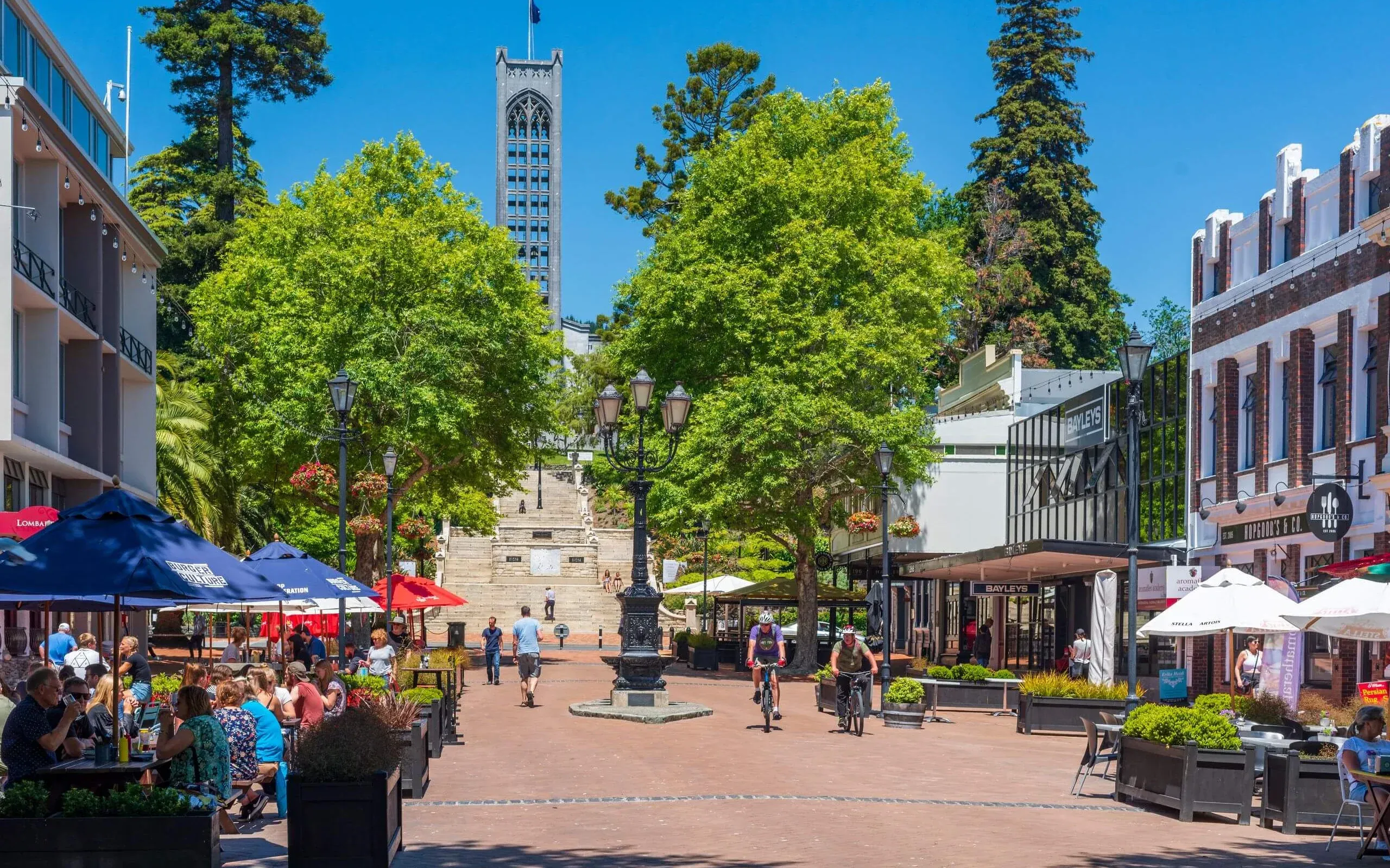 Bustling street with cafes and cathedral steps, Nelson City Centre, New Zealand.